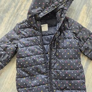 Old Navy Navy Hooded Puffer Jacket with Pink, Yellow & Lavender Polka Dots
